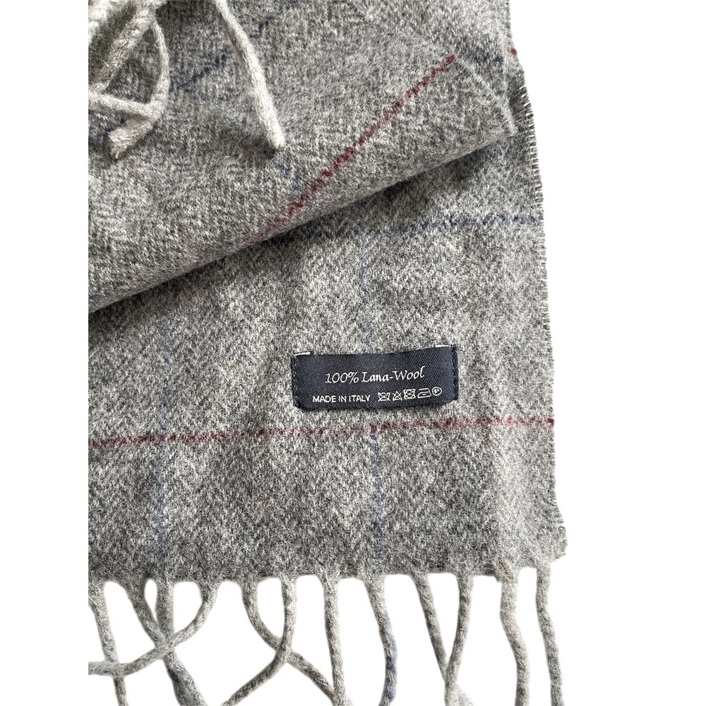 Men's Grey Checkered Herringbone 100% Wool Winter Scarf 12"x62" Made In‎ Italy - Picture 3 of 5